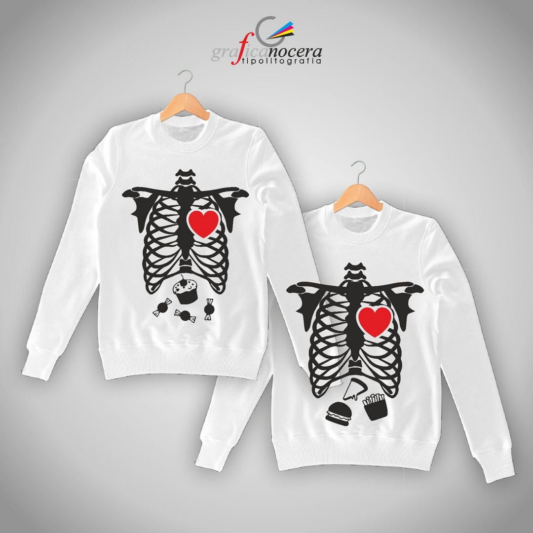 Coppia Felpe Scheletro Cibo Halloween