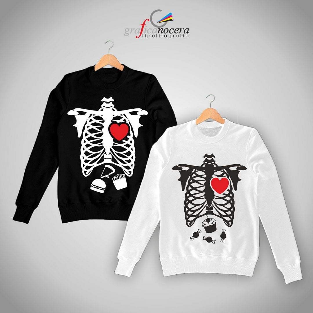 Coppia Felpe Scheletro Cibo Halloween