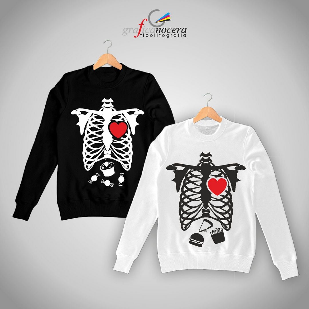 Coppia Felpe Scheletro Cibo Halloween