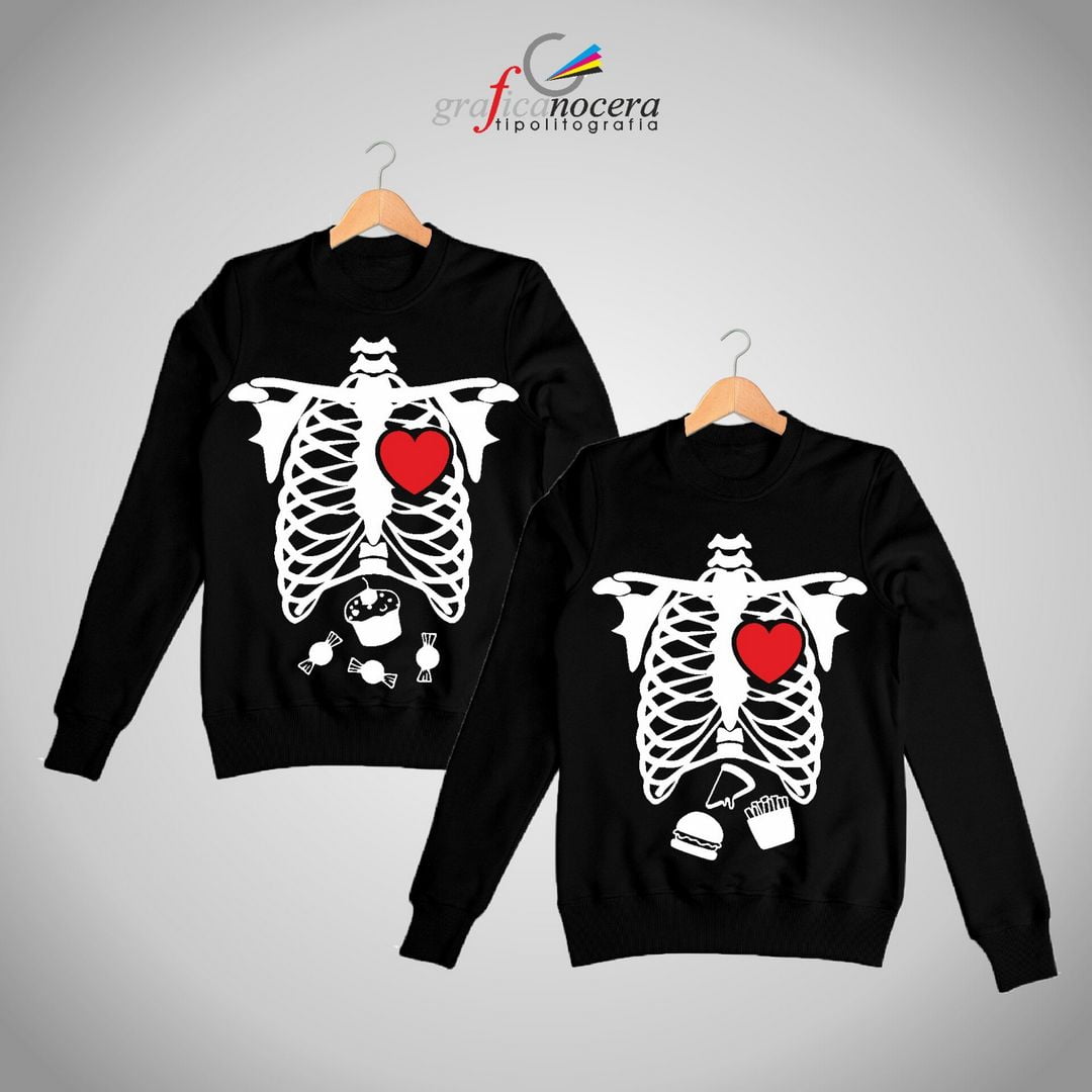 Coppia Felpe Scheletro Cibo Halloween