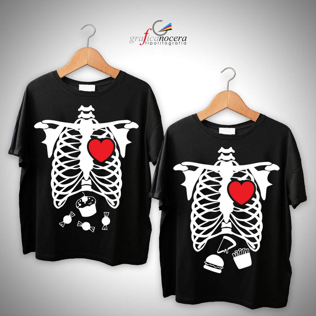 Coppia T-Shirt Scheletro Cibo Halloween