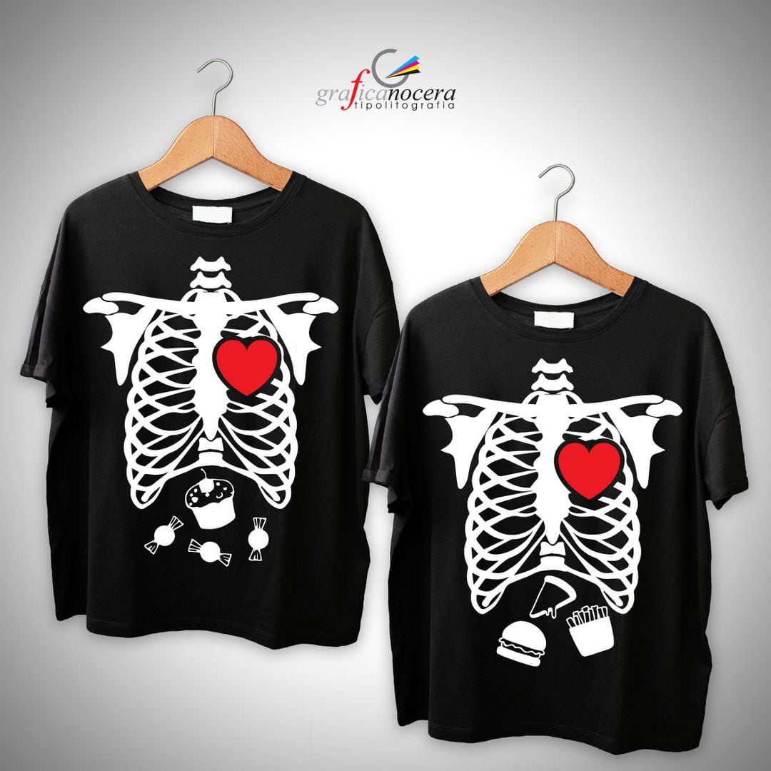Coppia T-Shirt Scheletro Cibo Halloween