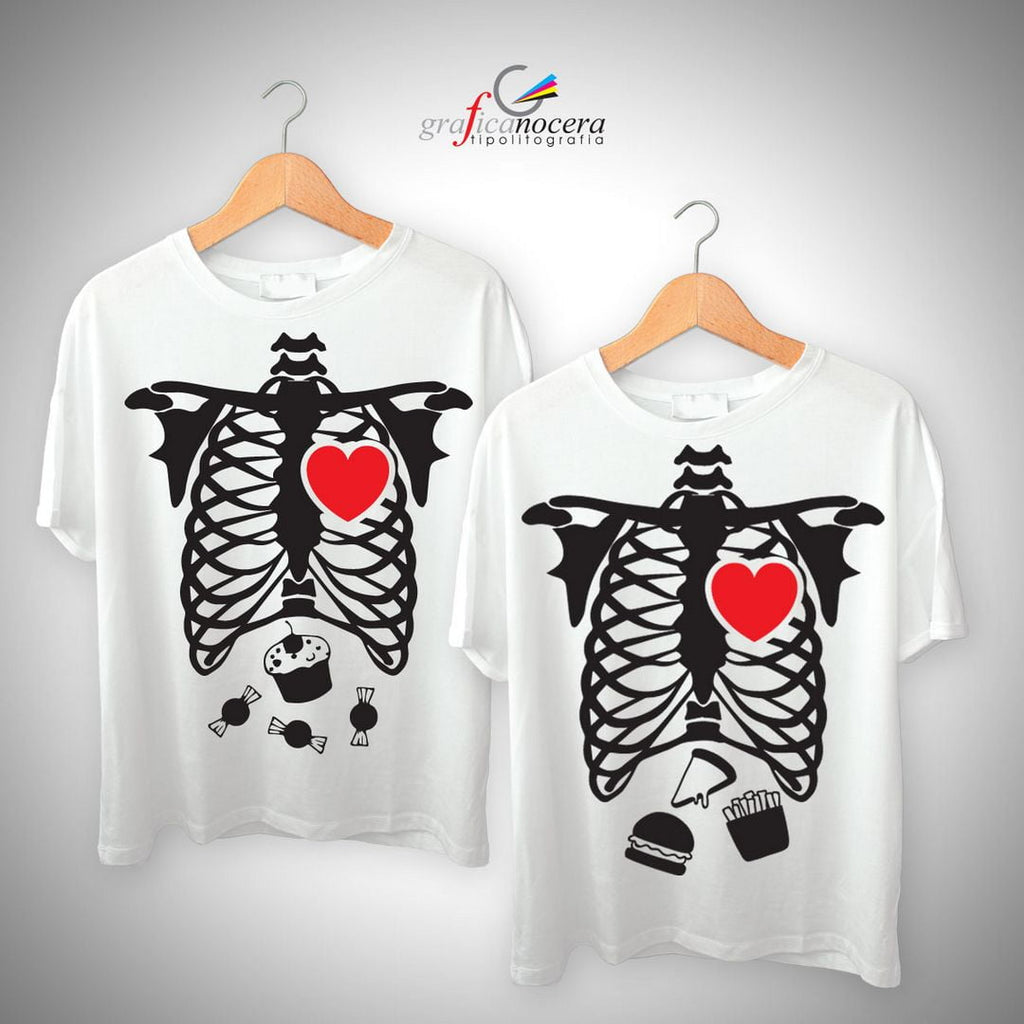 Coppia T-Shirt Scheletro Cibo Halloween