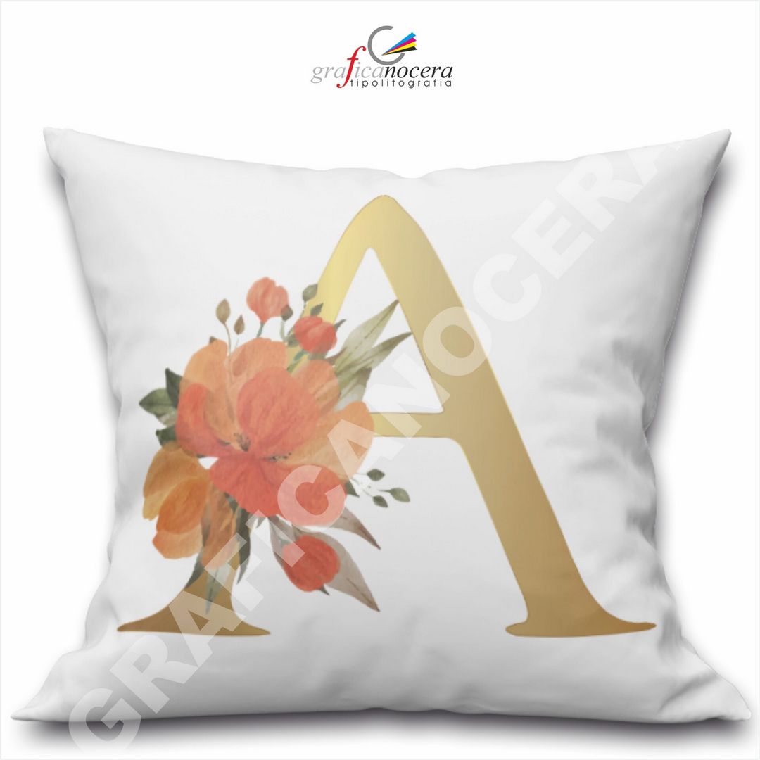 Cuscino Quadrato Personalizzato con iniziale oro nome fiori decoro casa arredo - Retro Bianco - 40cm X 40cm