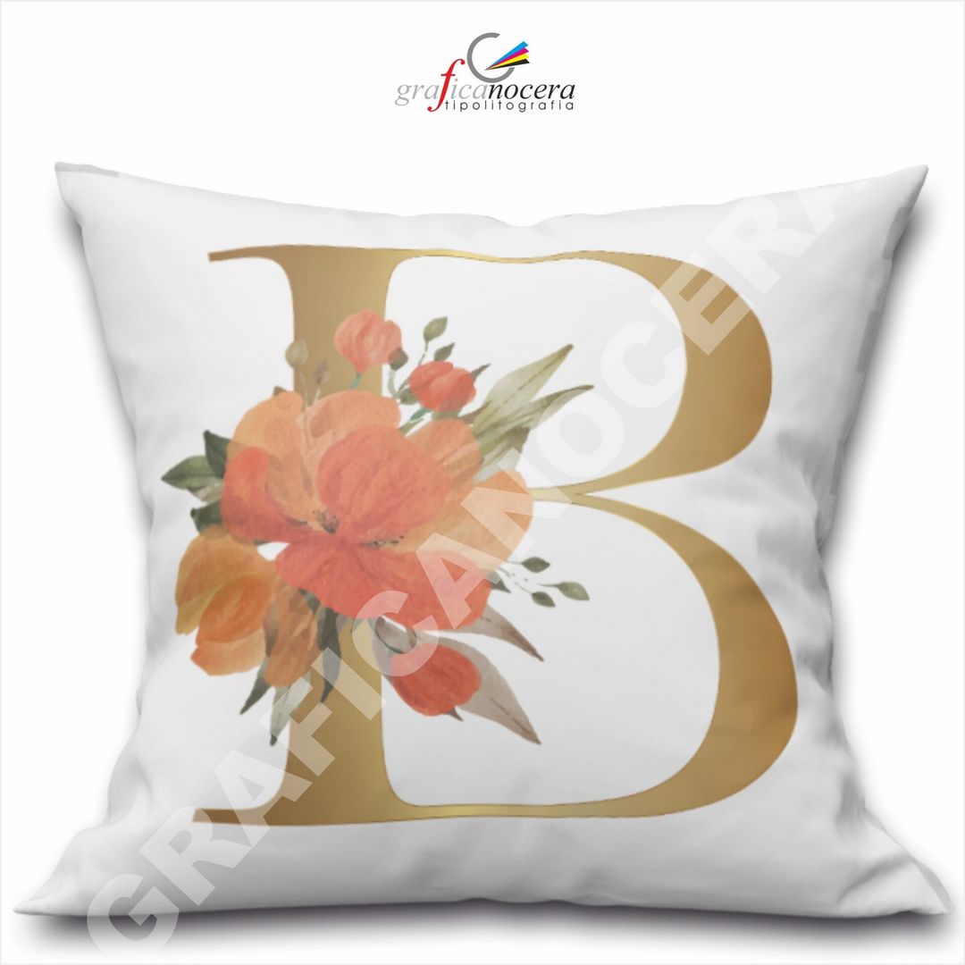 Cuscino Quadrato Personalizzato con iniziale oro nome fiori decoro casa arredo - Retro Bianco - 40cm X 40cm
