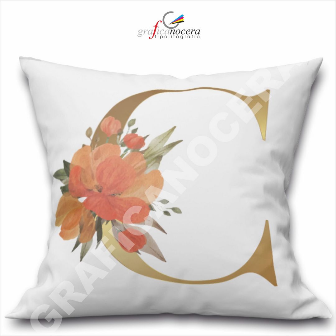 Cuscino Quadrato Personalizzato con iniziale oro nome fiori decoro casa arredo - Retro Bianco - 40cm X 40cm