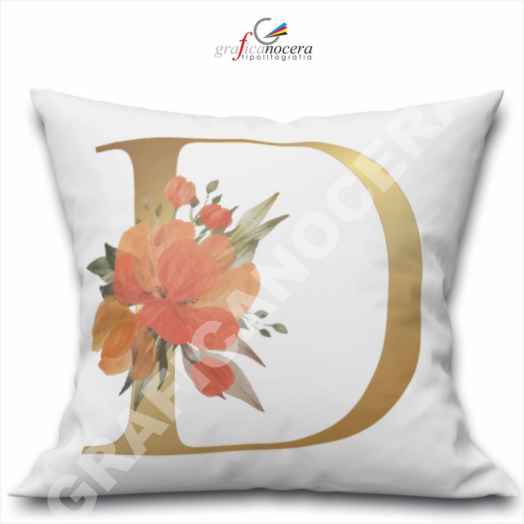 Cuscino Quadrato Personalizzato con iniziale oro nome fiori decoro casa arredo - Retro Bianco - 40cm X 40cm