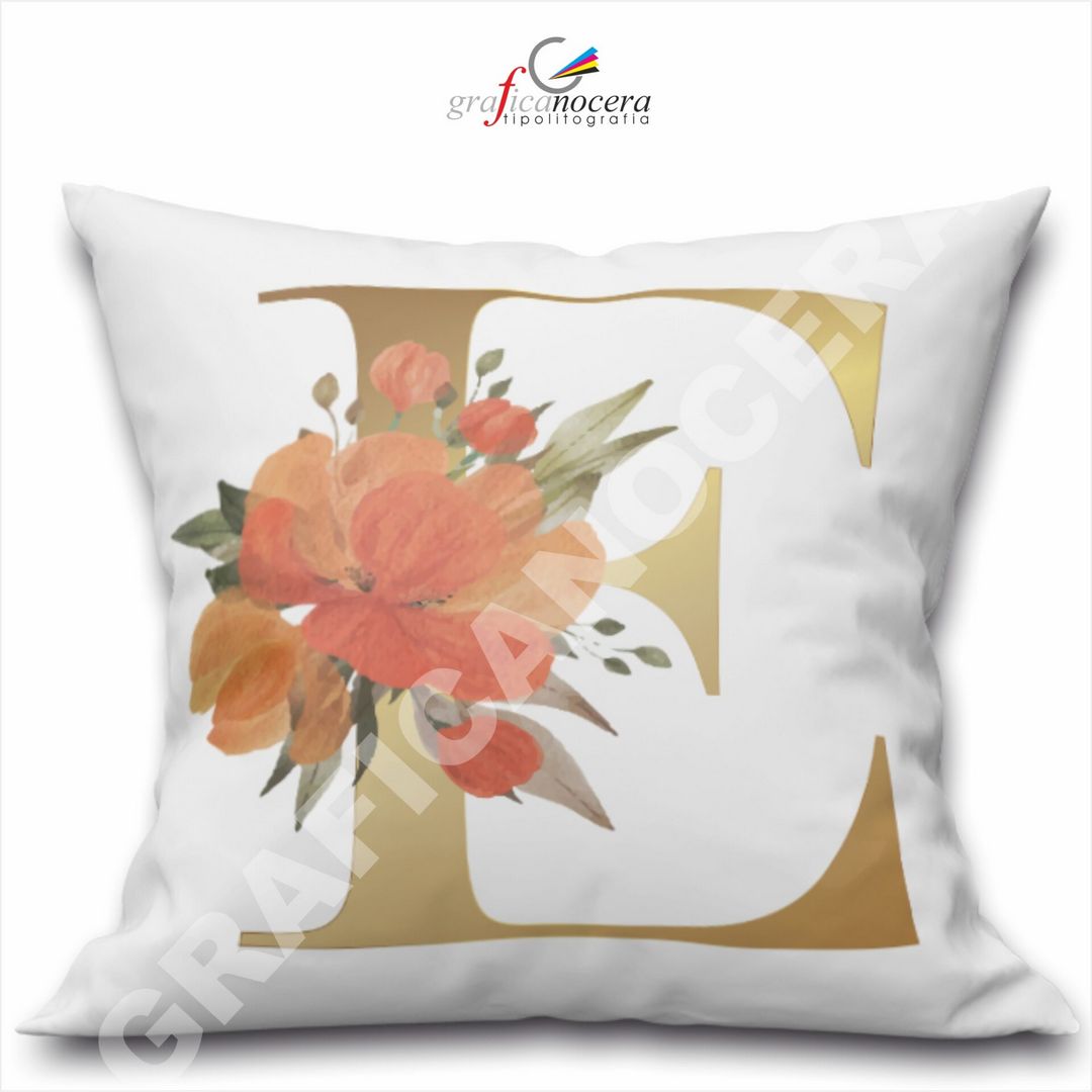 Cuscino Quadrato Personalizzato con iniziale oro nome fiori decoro casa arredo - Retro Bianco - 40cm X 40cm