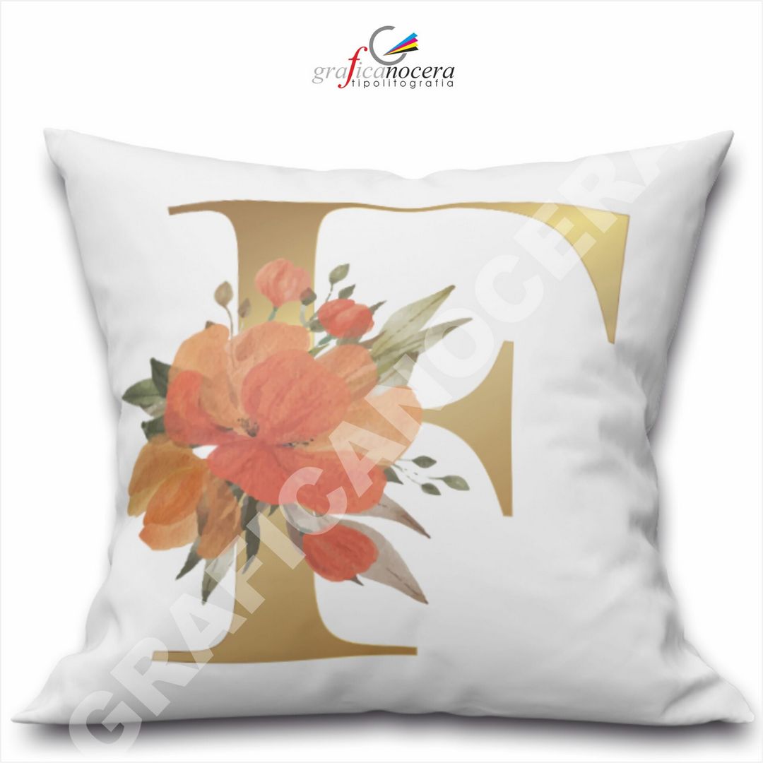 Cuscino Quadrato Personalizzato con iniziale oro nome fiori decoro casa arredo - Retro Bianco - 40cm X 40cm