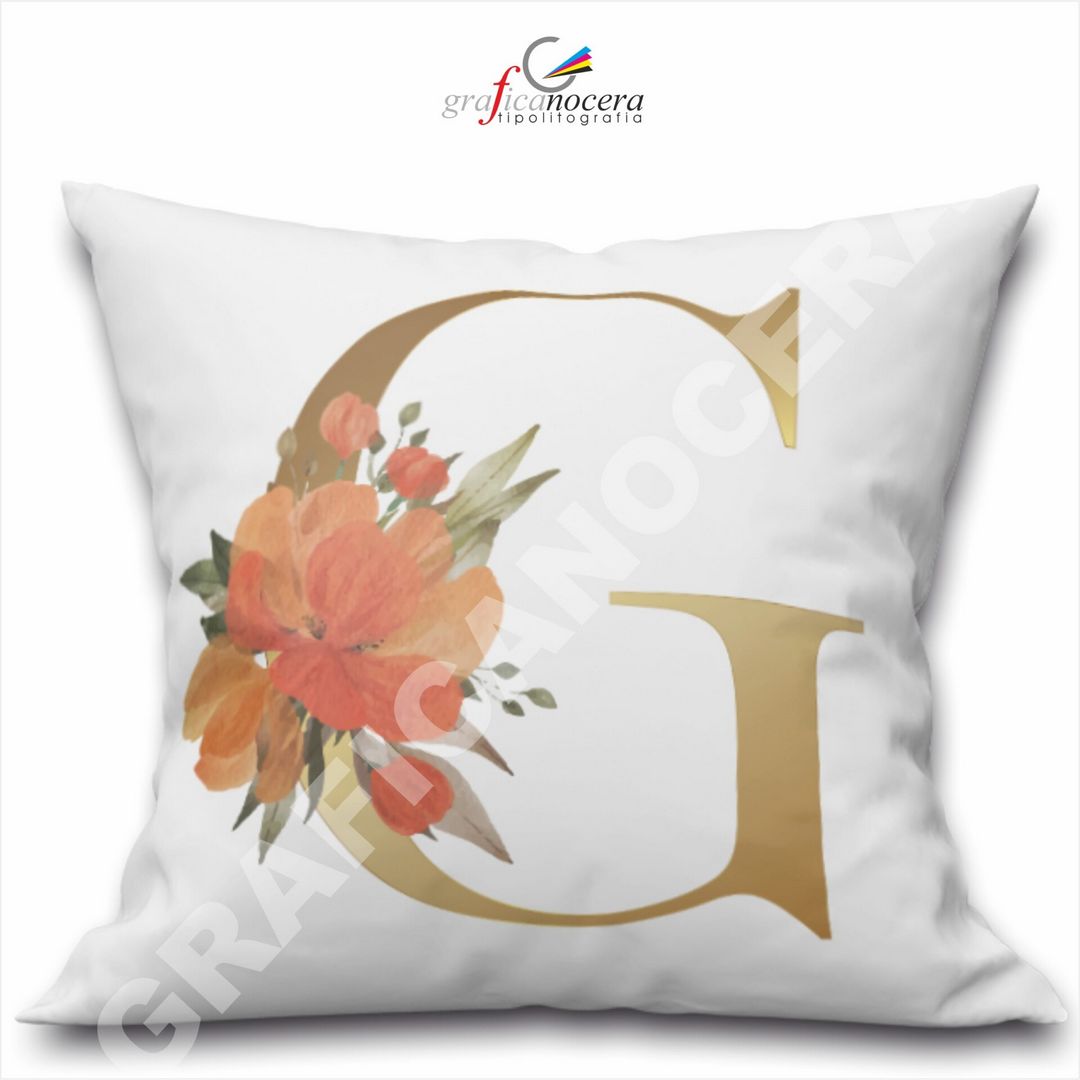 Cuscino Quadrato Personalizzato con iniziale oro nome fiori decoro casa arredo - Retro Bianco - 40cm X 40cm