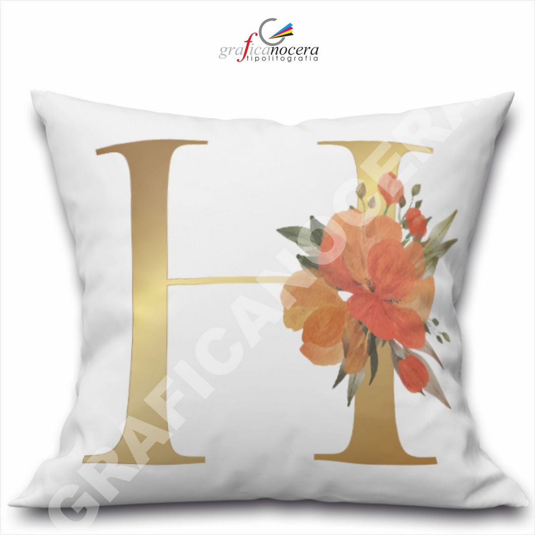 Cuscino Quadrato Personalizzato con iniziale oro nome fiori decoro casa arredo - Retro Bianco - 40cm X 40cm