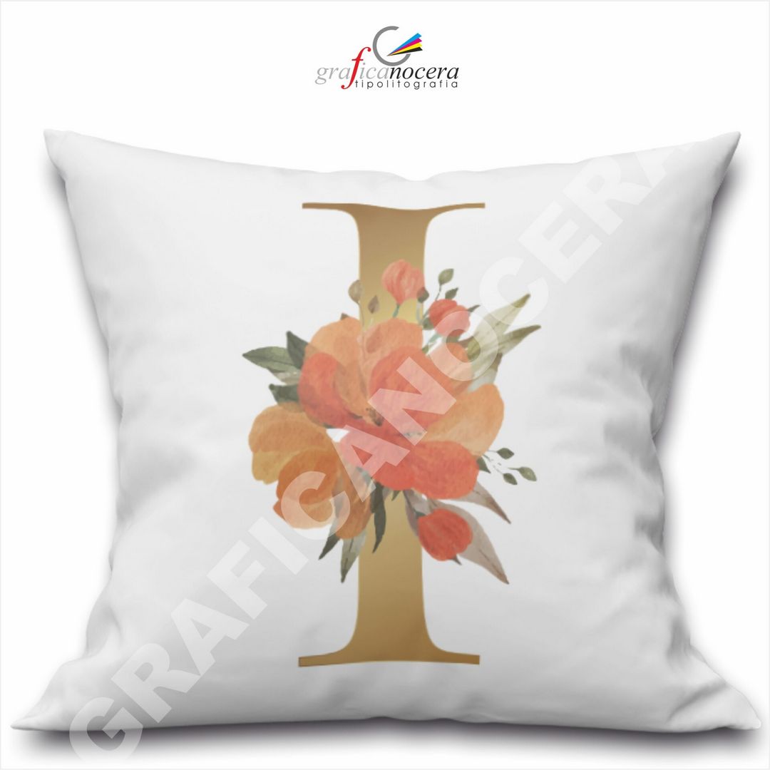 Cuscino Quadrato Personalizzato con iniziale oro nome fiori decoro casa arredo - Retro Bianco - 40cm X 40cm