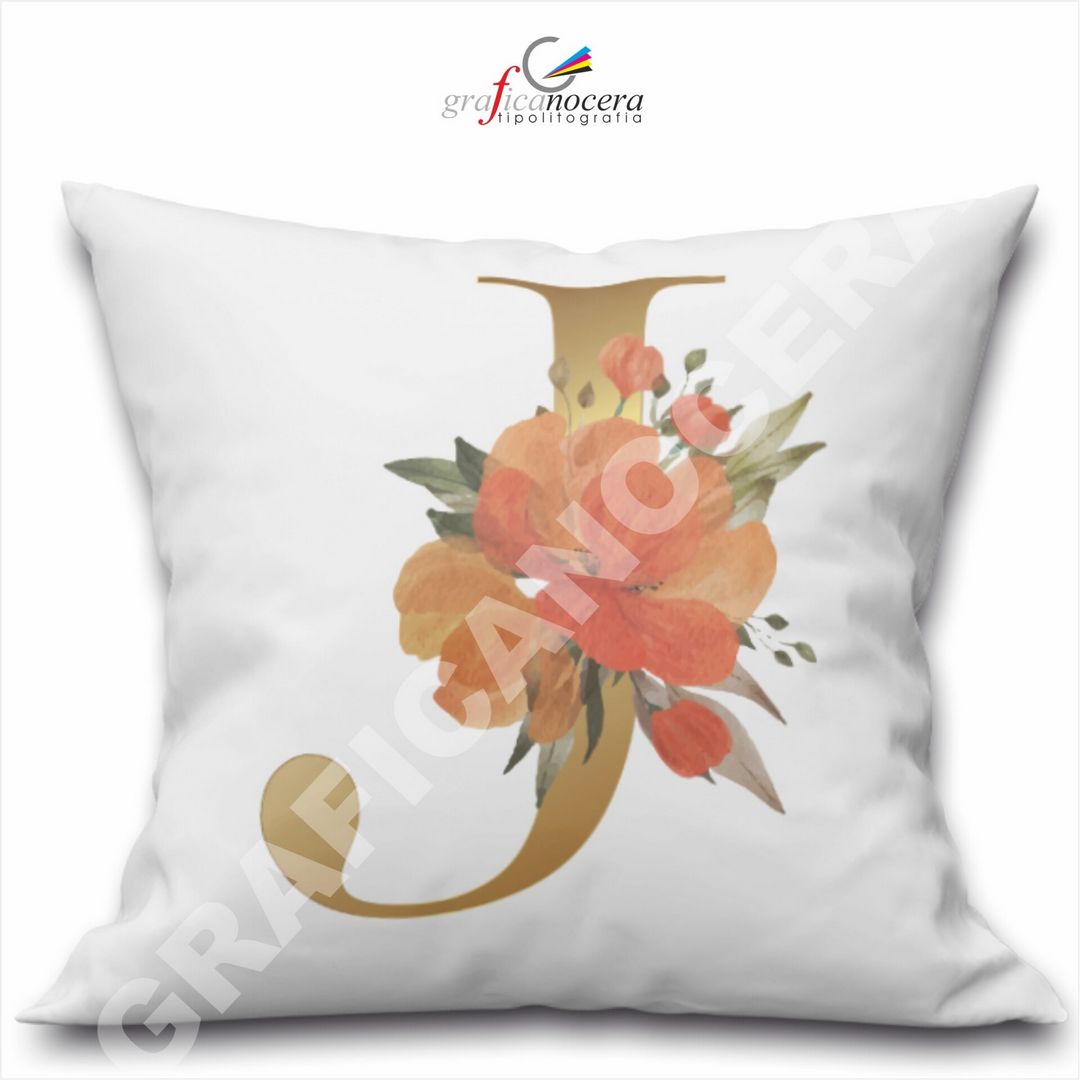 Cuscino Quadrato Personalizzato con iniziale oro nome fiori decoro casa arredo - Retro Bianco - 40cm X 40cm