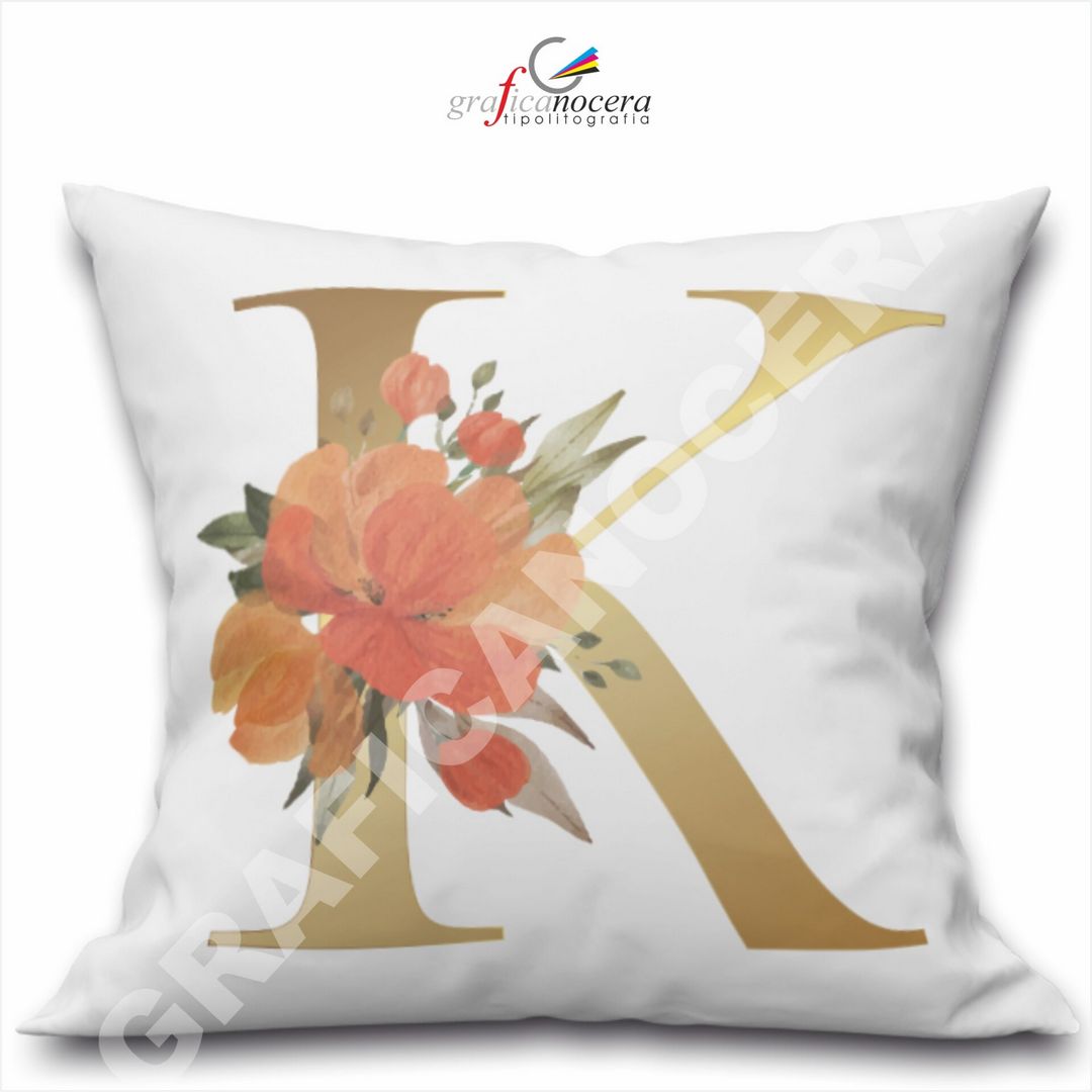 Cuscino Quadrato Personalizzato con iniziale oro nome fiori decoro casa arredo - Retro Bianco - 40cm X 40cm