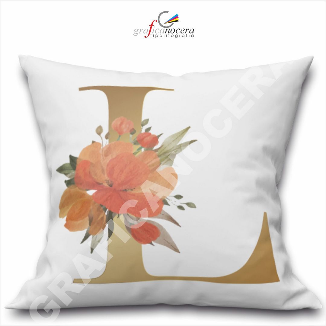 Cuscino Quadrato Personalizzato con iniziale oro nome fiori decoro casa arredo - Retro Bianco - 40cm X 40cm