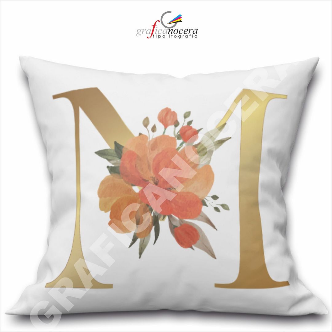 Cuscino Quadrato Personalizzato con iniziale oro nome fiori decoro casa arredo - Retro Bianco - 40cm X 40cm