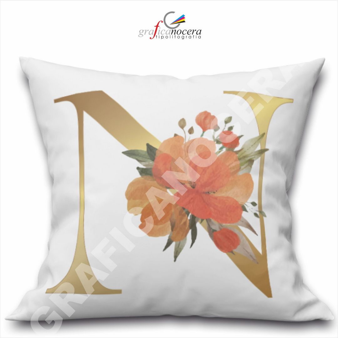 Cuscino Quadrato Personalizzato con iniziale oro nome fiori decoro casa arredo - Retro Bianco - 40cm X 40cm