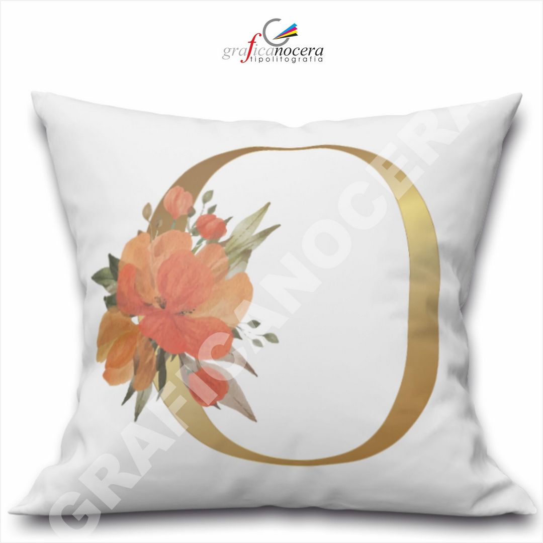 Cuscino Quadrato Personalizzato con iniziale oro nome fiori decoro casa arredo - Retro Bianco - 40cm X 40cm