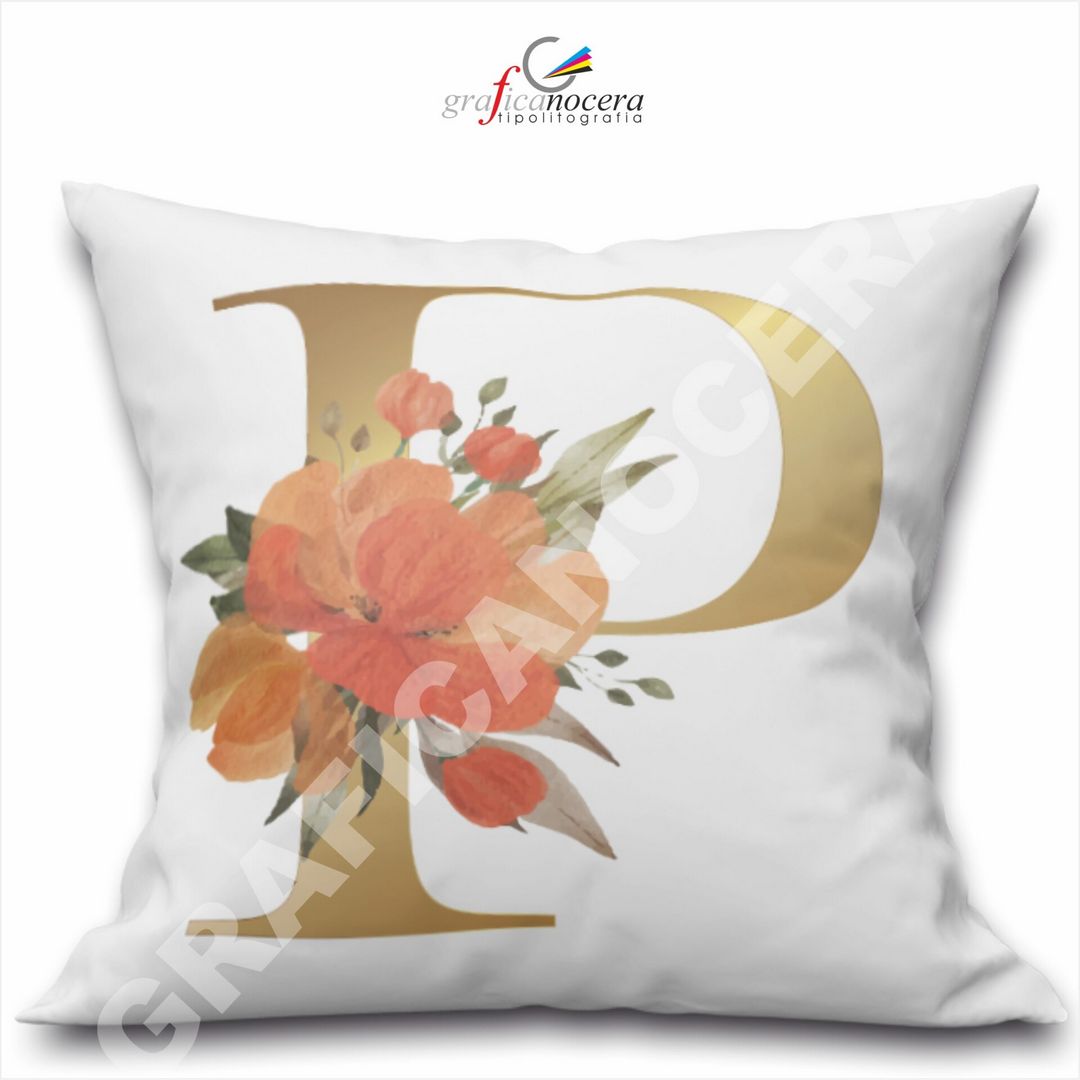 Cuscino Quadrato Personalizzato con iniziale oro nome fiori decoro casa arredo - Retro Bianco - 40cm X 40cm