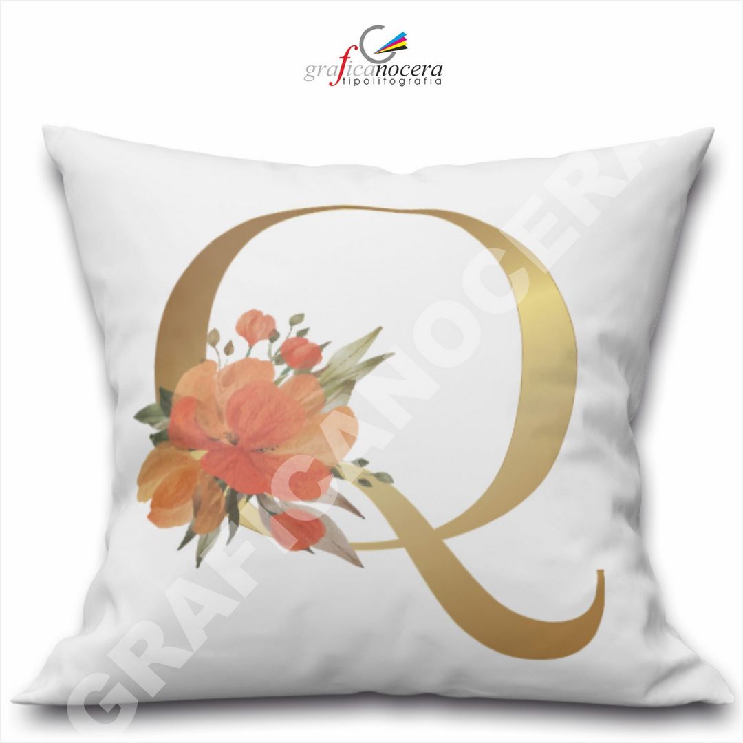Cuscino Quadrato Personalizzato con iniziale oro nome fiori decoro casa arredo - Retro Bianco - 40cm X 40cm