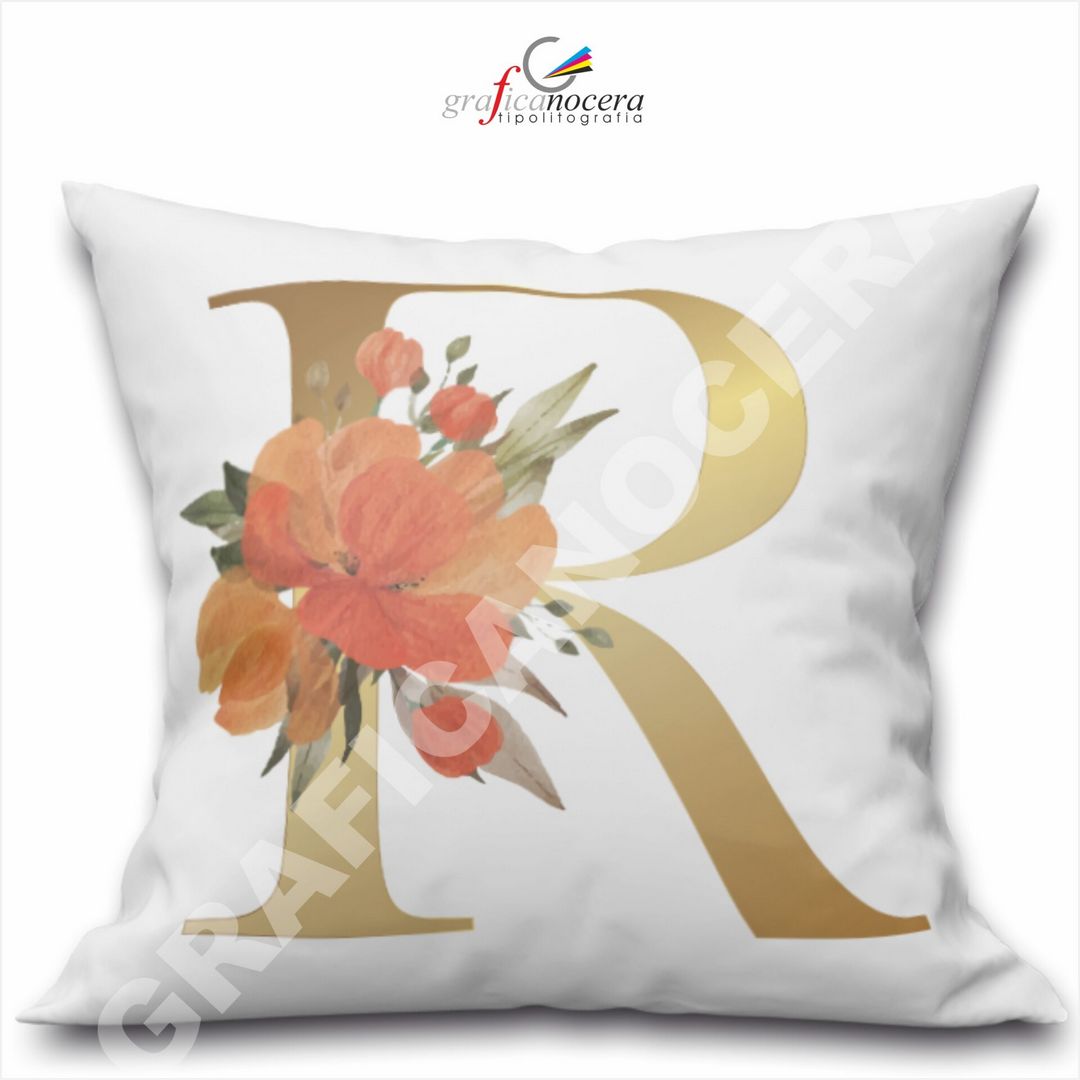 Cuscino Quadrato Personalizzato con iniziale oro nome fiori decoro casa arredo - Retro Bianco - 40cm X 40cm