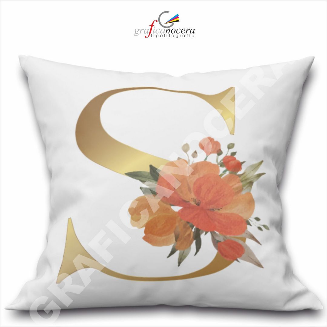 Cuscino Quadrato Personalizzato con iniziale oro nome fiori decoro casa arredo - Retro Bianco - 40cm X 40cm