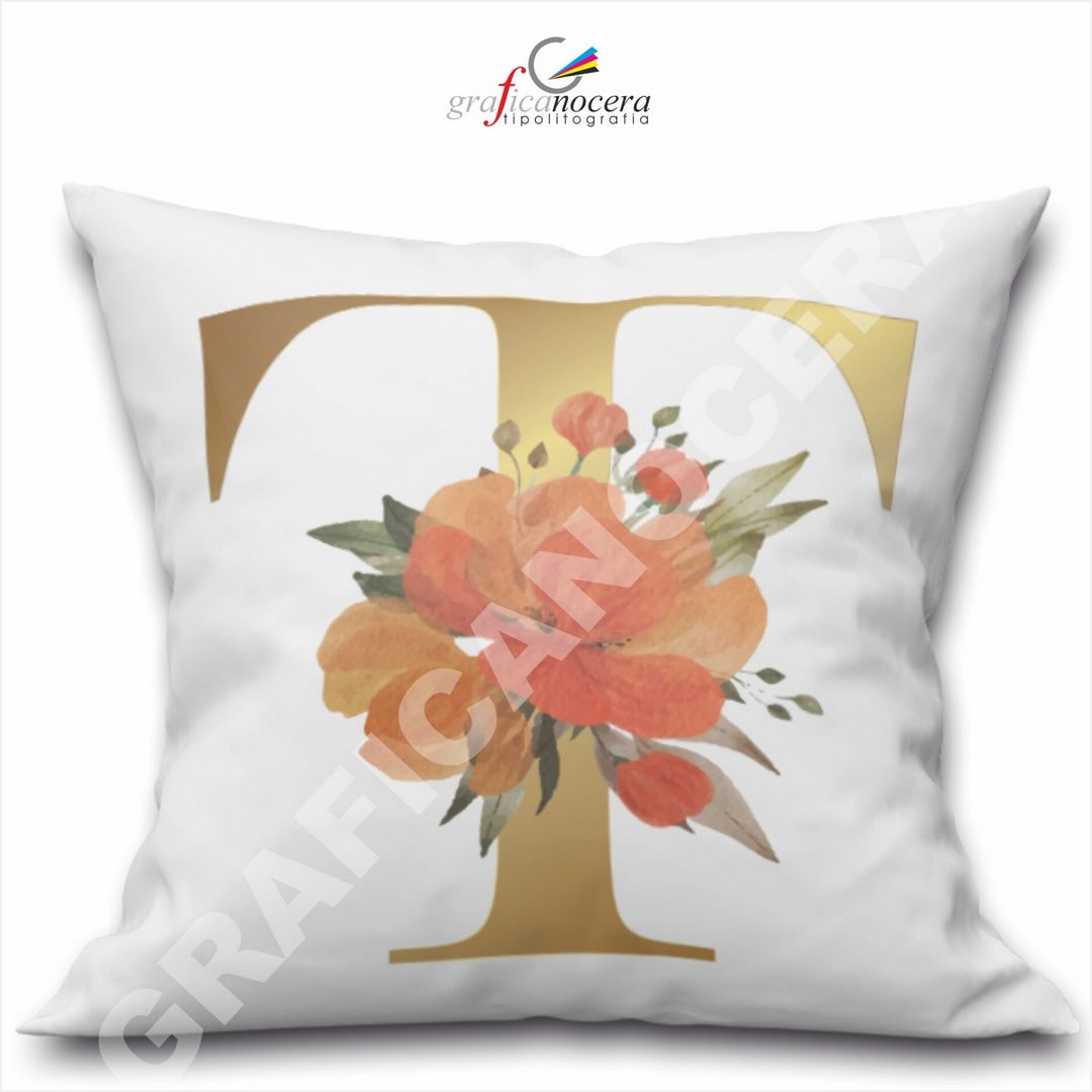 Cuscino Quadrato Personalizzato con iniziale oro nome fiori decoro casa arredo - Retro Bianco - 40cm X 40cm