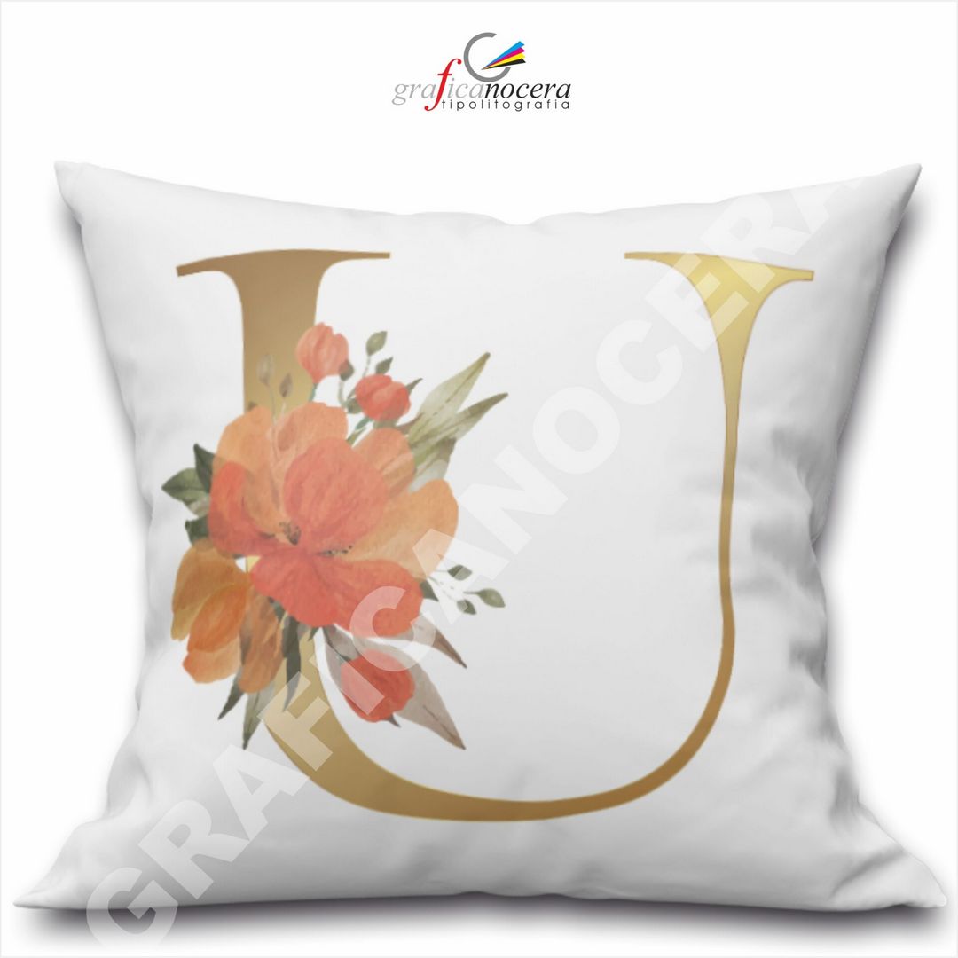 Cuscino Quadrato Personalizzato con iniziale oro nome fiori decoro casa arredo - Retro Bianco - 40cm X 40cm