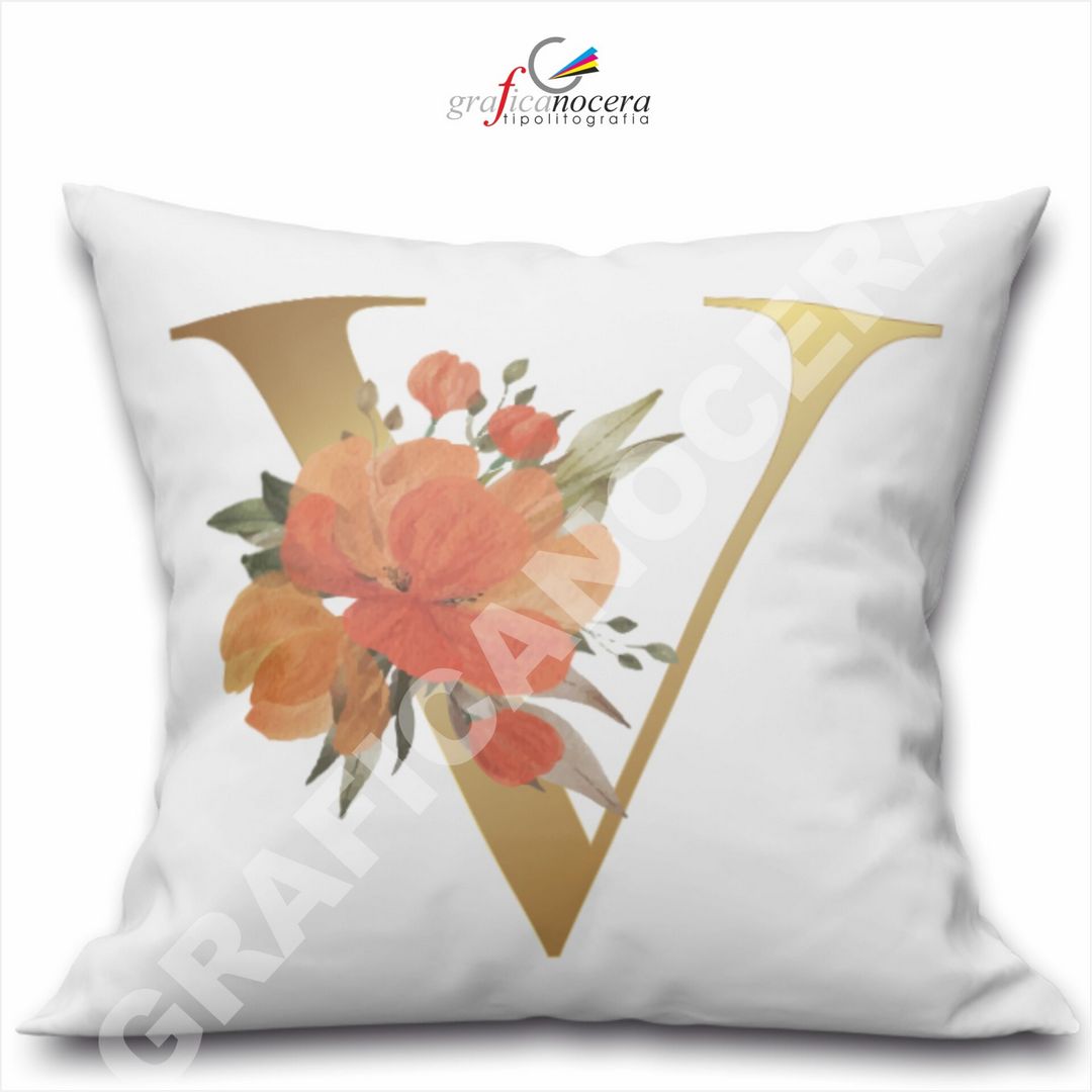 Cuscino Quadrato Personalizzato con iniziale oro nome fiori decoro casa arredo - Retro Bianco - 40cm X 40cm
