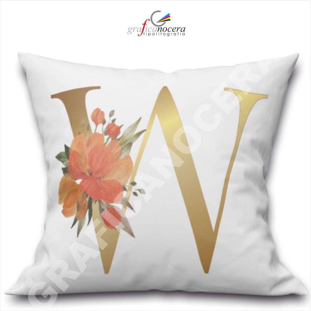 Cuscino Quadrato Personalizzato con iniziale oro nome fiori decoro casa arredo - Retro Bianco - 40cm X 40cm