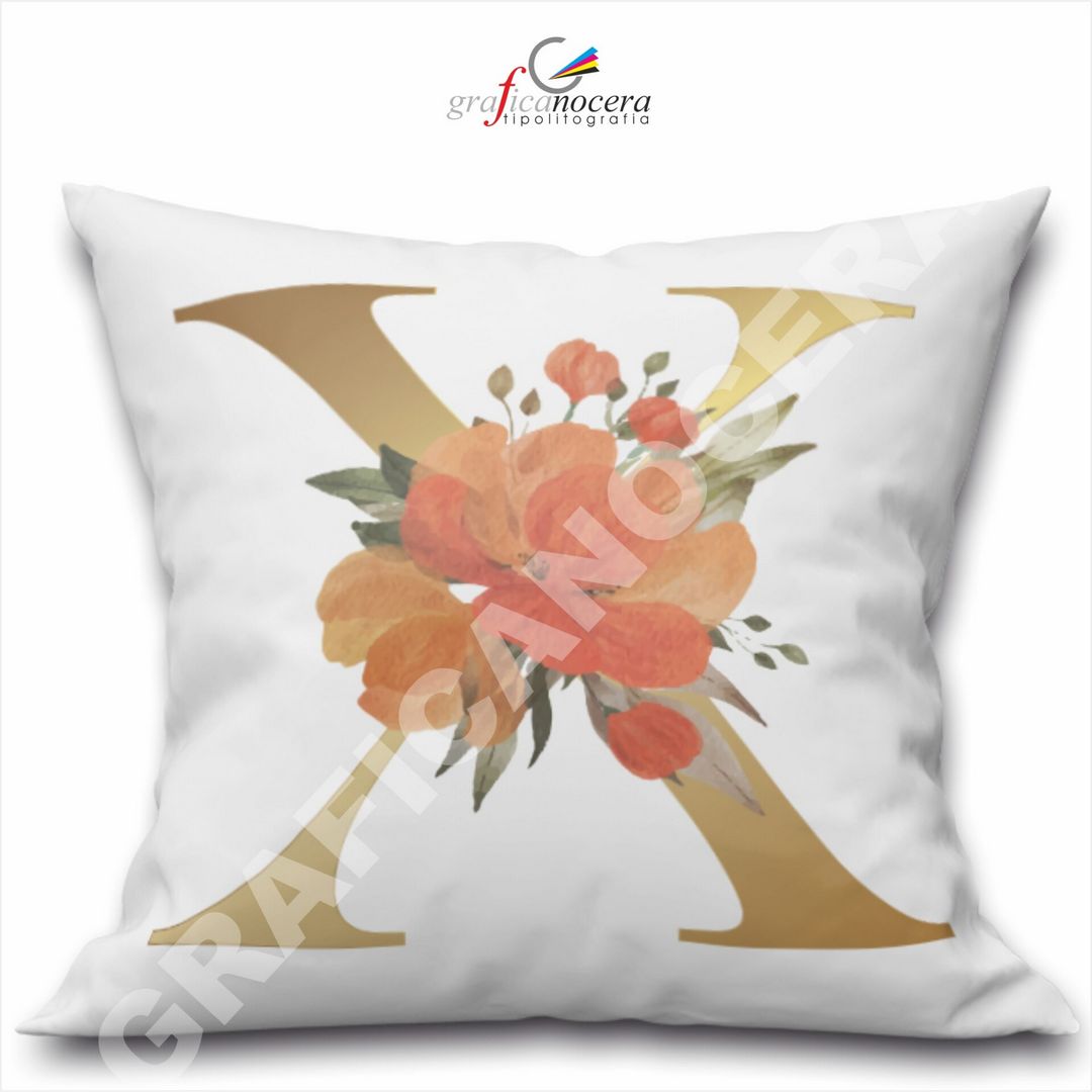 Cuscino Quadrato Personalizzato con iniziale oro nome fiori decoro casa arredo - Retro Bianco - 40cm X 40cm