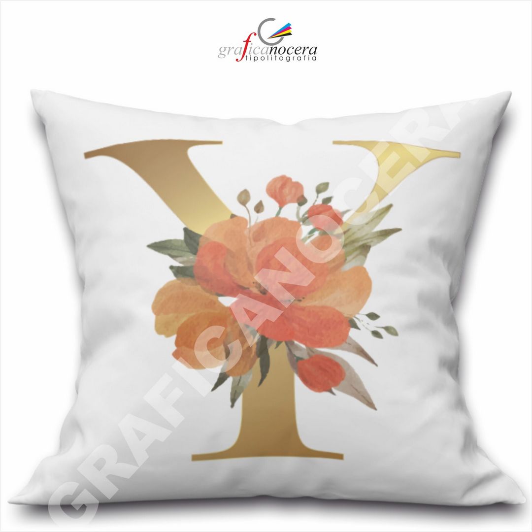 Cuscino Quadrato Personalizzato con iniziale oro nome fiori decoro casa arredo - Retro Bianco - 40cm X 40cm
