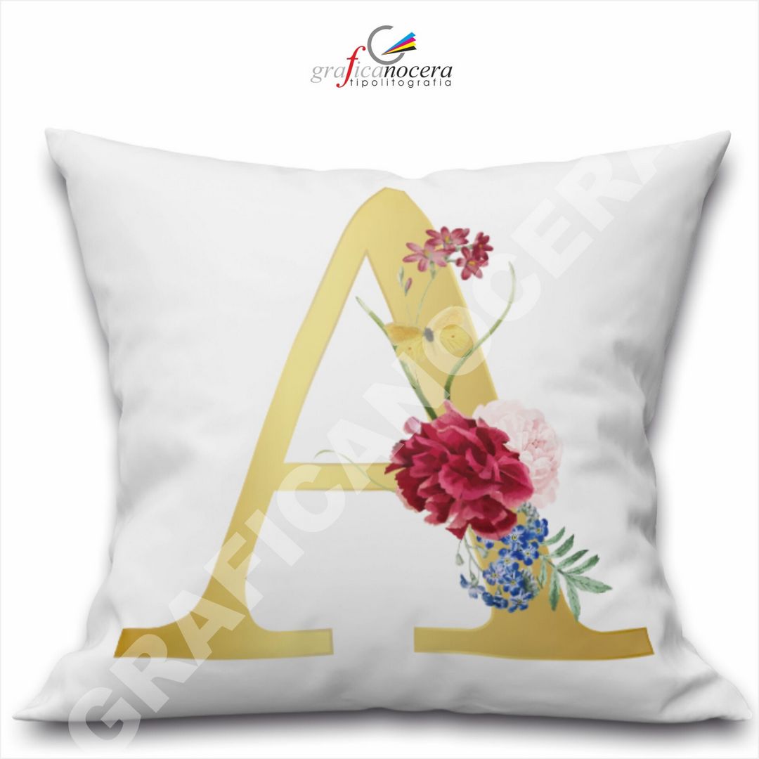 Cuscino Quadrato Personalizzato con iniziale oro nome fiori decoro casa arredo - Retro Bianco - 40cm X 40cm