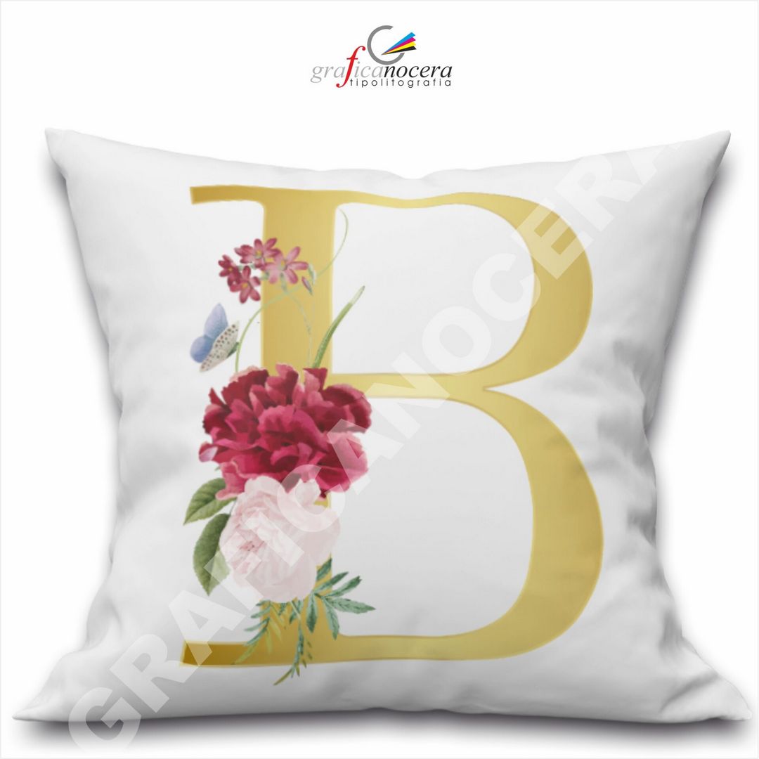 Cuscino Quadrato Personalizzato con iniziale oro nome fiori decoro casa arredo - Retro Bianco - 40cm X 40cm