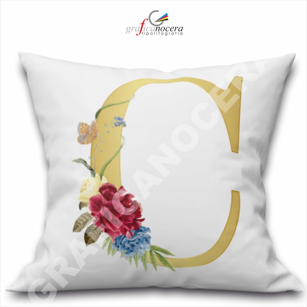 Cuscino Quadrato Personalizzato con iniziale oro nome fiori decoro casa arredo - Retro Bianco - 40cm X 40cm