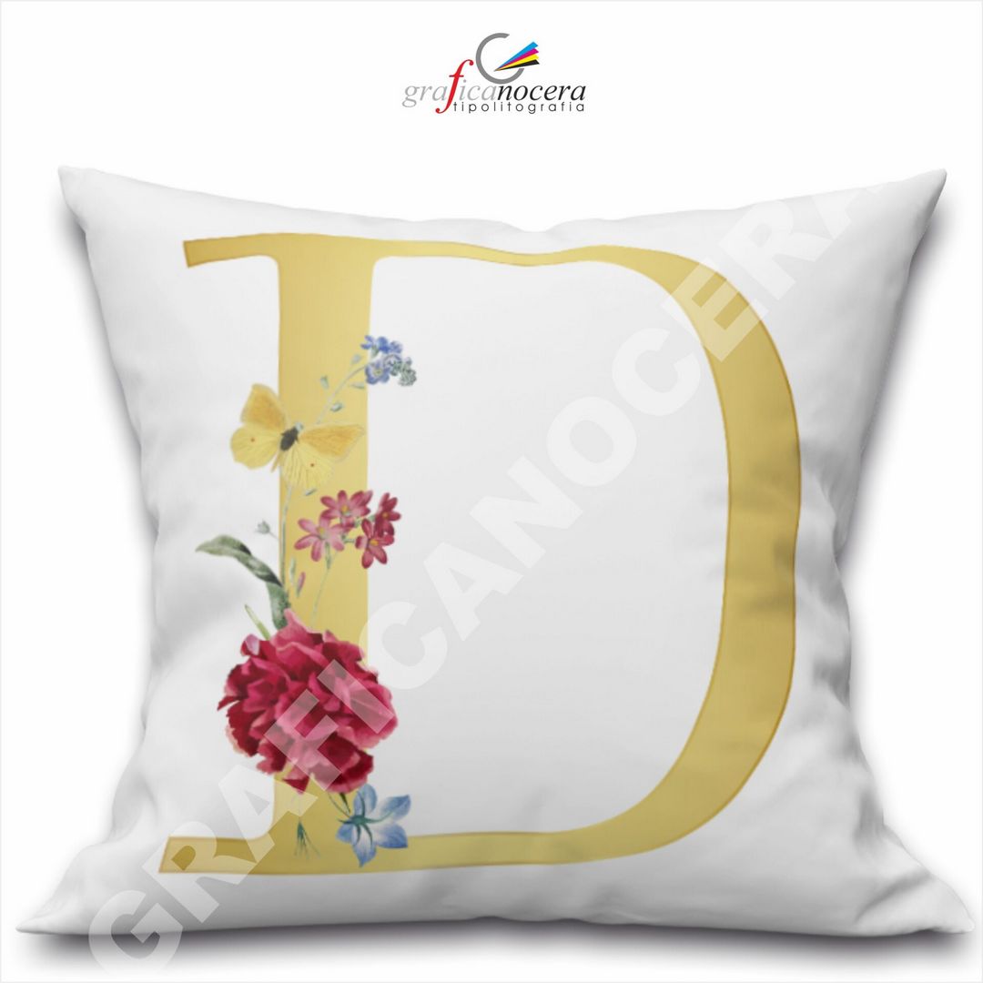 Cuscino Quadrato Personalizzato con iniziale oro nome fiori decoro casa arredo - Retro Bianco - 40cm X 40cm