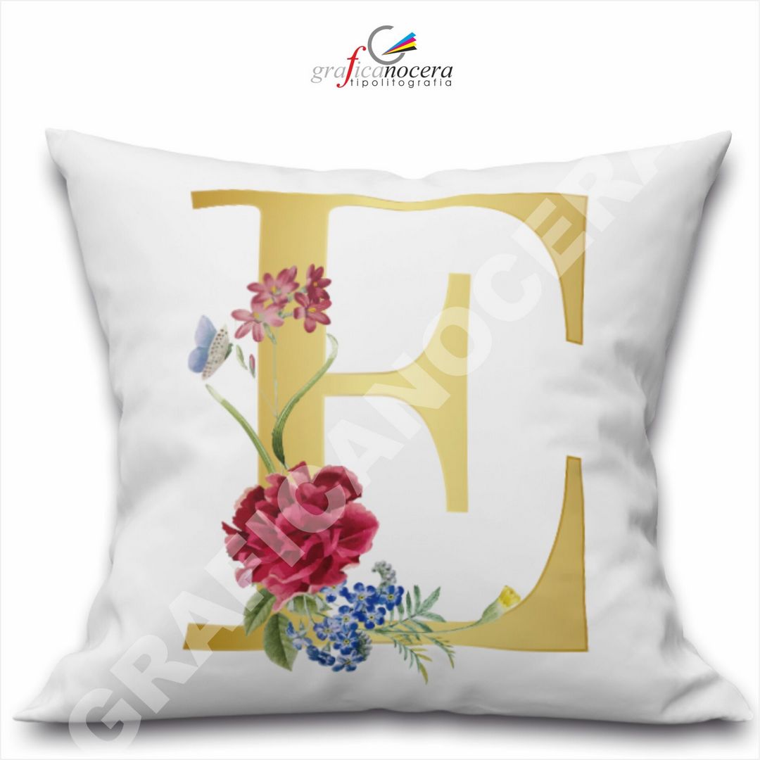Cuscino Quadrato Personalizzato con iniziale oro nome fiori decoro casa arredo - Retro Bianco - 40cm X 40cm