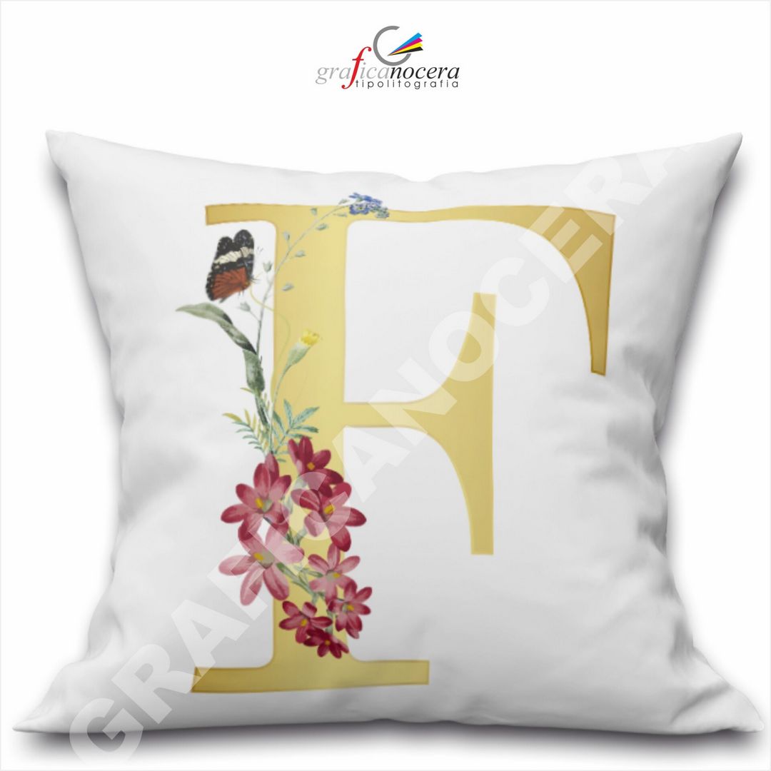 Cuscino Quadrato Personalizzato con iniziale oro nome fiori decoro casa arredo - Retro Bianco - 40cm X 40cm