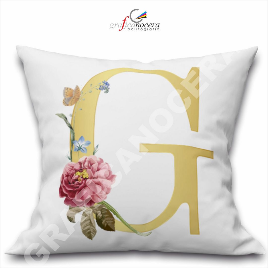 Cuscino Quadrato Personalizzato con iniziale oro nome fiori decoro casa arredo - Retro Bianco - 40cm X 40cm