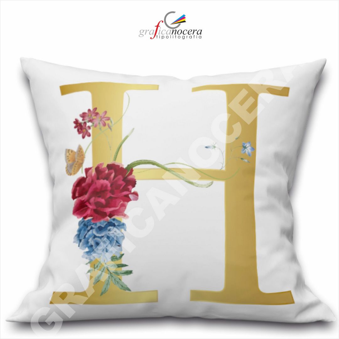 Cuscino Quadrato Personalizzato con iniziale oro nome fiori decoro casa arredo - Retro Bianco - 40cm X 40cm