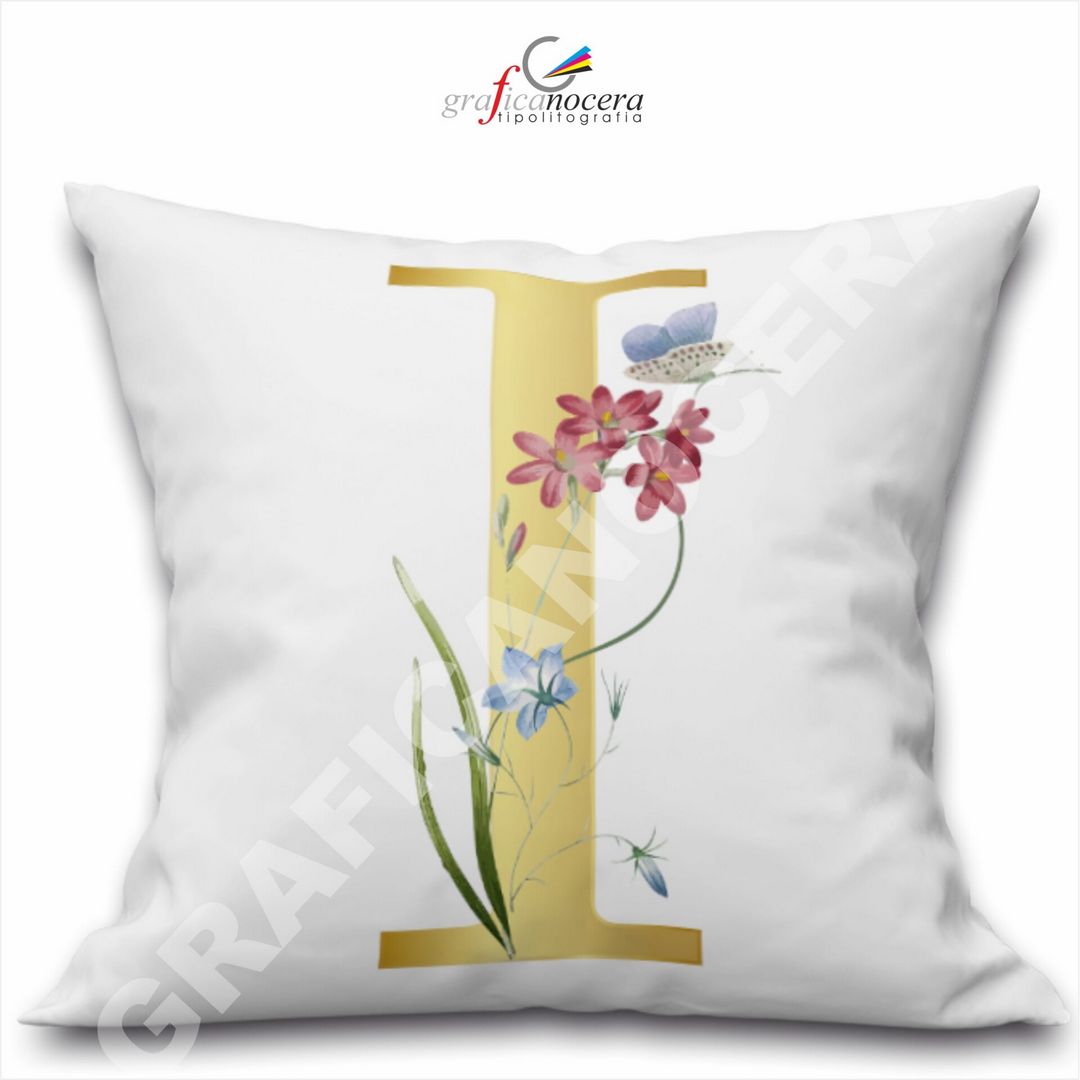 Cuscino Quadrato Personalizzato con iniziale oro nome fiori decoro casa arredo - Retro Bianco - 40cm X 40cm