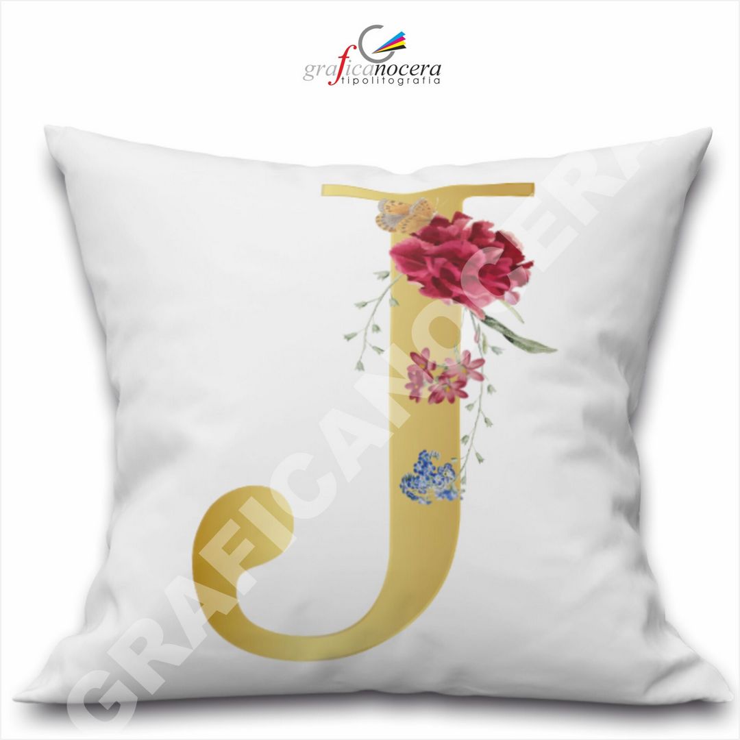 Cuscino Quadrato Personalizzato con iniziale oro nome fiori decoro casa arredo - Retro Bianco - 40cm X 40cm