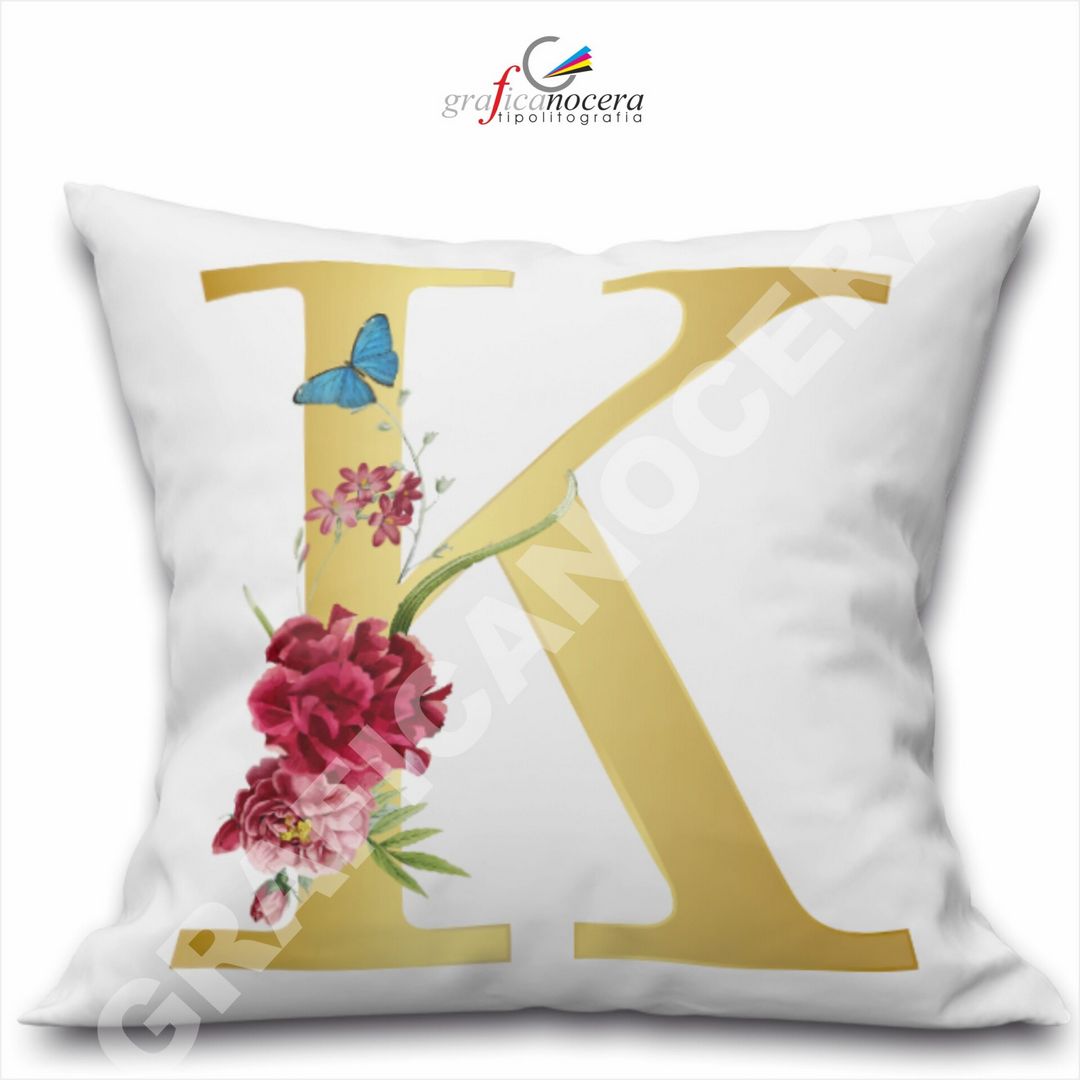 Cuscino Quadrato Personalizzato con iniziale oro nome fiori decoro casa arredo - Retro Bianco - 40cm X 40cm