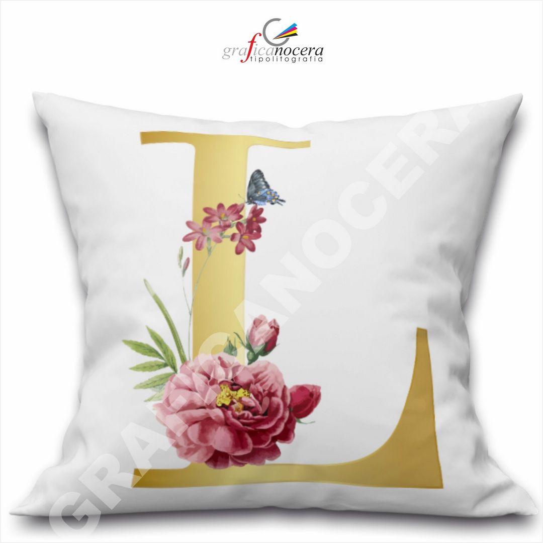 Cuscino Quadrato Personalizzato con iniziale oro nome fiori decoro casa arredo - Retro Bianco - 40cm X 40cm