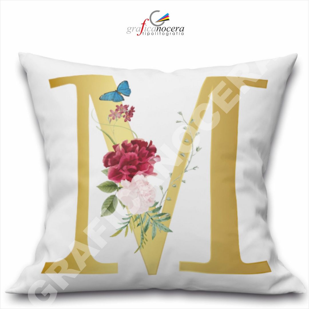 Cuscino Quadrato Personalizzato con iniziale oro nome fiori decoro casa arredo - Retro Bianco - 40cm X 40cm