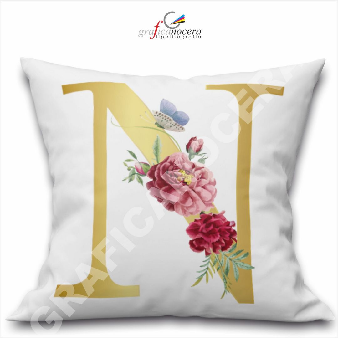 Cuscino Quadrato Personalizzato con iniziale oro nome fiori decoro casa arredo - Retro Bianco - 40cm X 40cm