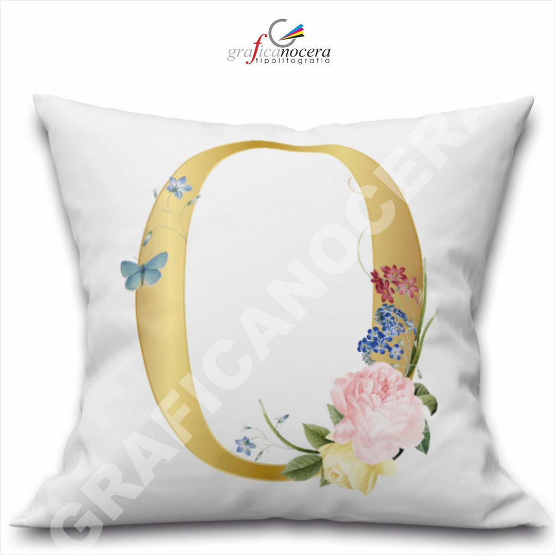 Cuscino Quadrato Personalizzato con iniziale oro nome fiori decoro casa arredo - Retro Bianco - 40cm X 40cm