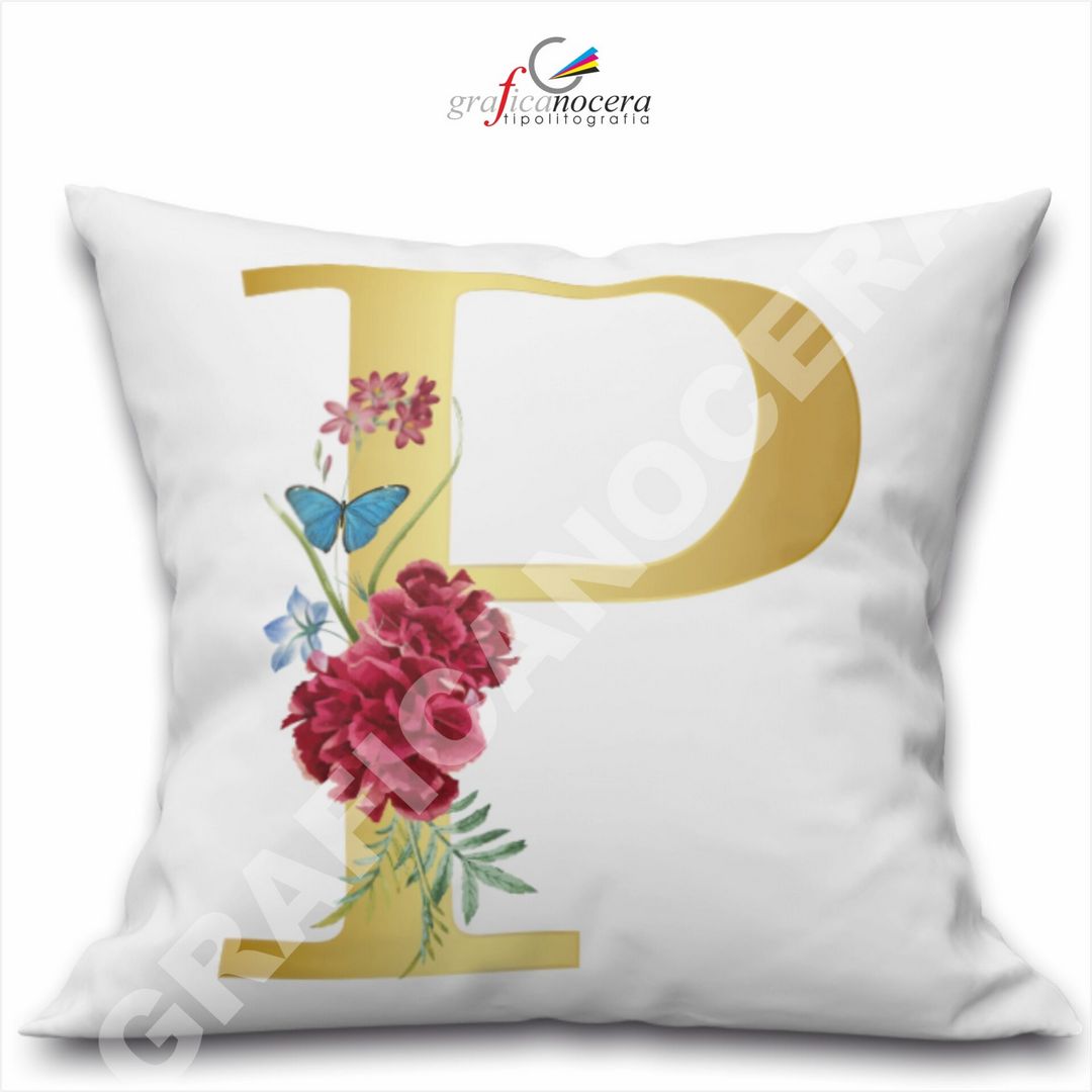 Cuscino Quadrato Personalizzato con iniziale oro nome fiori decoro casa arredo - Retro Bianco - 40cm X 40cm