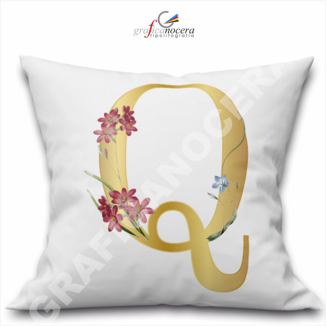 Cuscino Quadrato Personalizzato con iniziale oro nome fiori decoro casa arredo - Retro Bianco - 40cm X 40cm