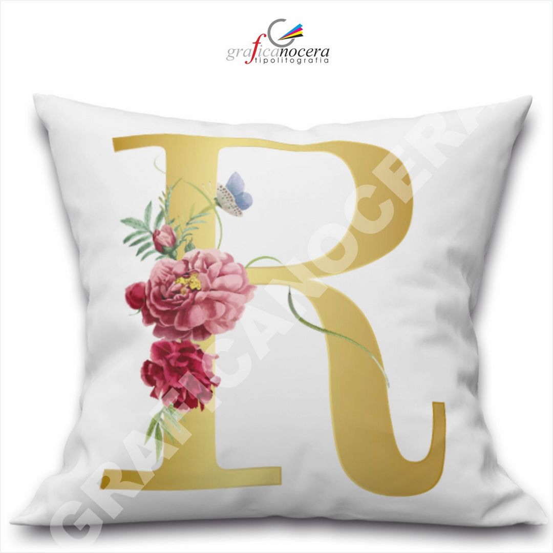 Cuscino Quadrato Personalizzato con iniziale oro nome fiori decoro casa arredo - Retro Bianco - 40cm X 40cm